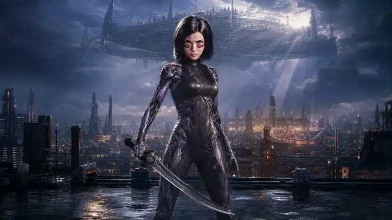 Speculative Alita 2 concept with Alita beneath Zalem holding the Damascus Blade