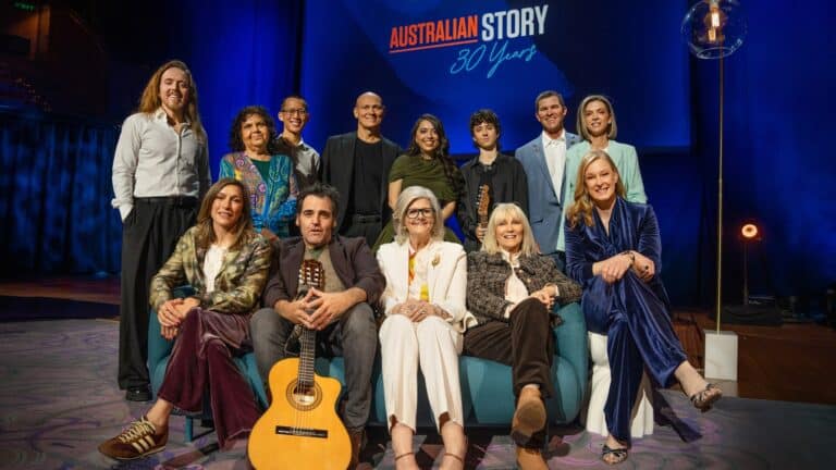 Leigh Sales, Deborah Fleming and former Australian Story guests on stage at the Sydney Opera House
