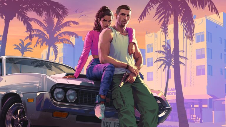 Official GTA VI artwork of Lucia embracing Jason beside a car in Vice City