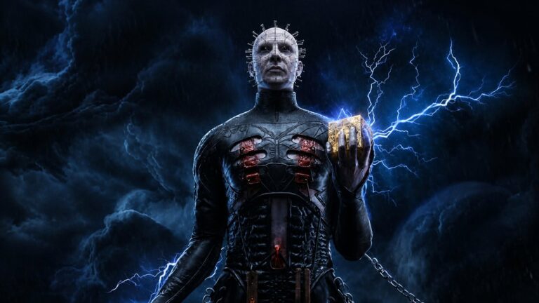 Enhanced promotional artwork of Pinhead holding the Genesis Configuration amid blue lightning