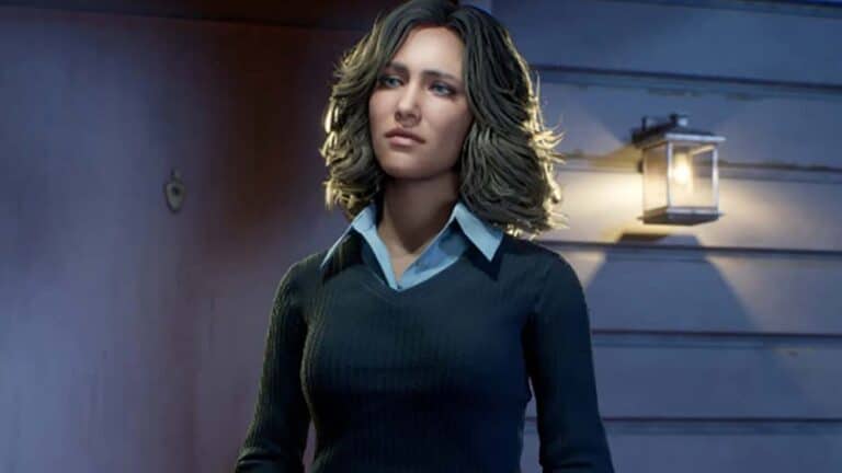 Laurie from Halloween: Game wearing green sweater, scared
