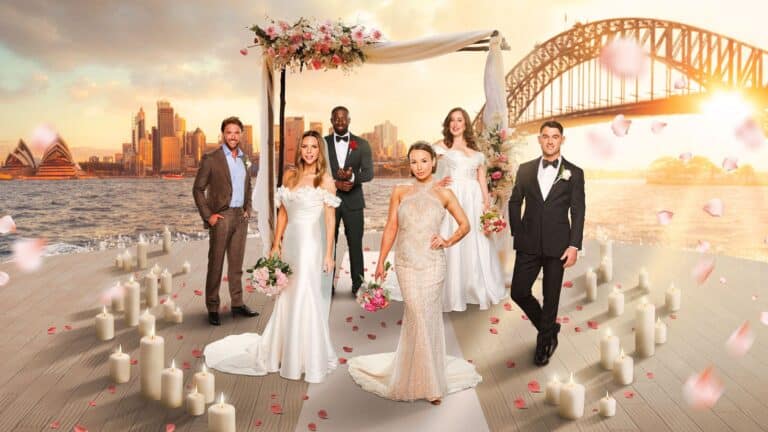 Married at First Sight Australia 2026 cast members in wedding attire overlooking Sydney Harbour