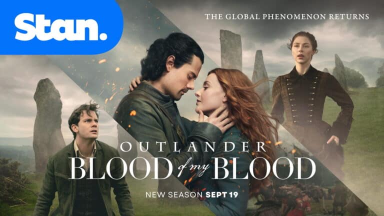 Outlander: Blood of My Blood season two key art showing the two central couples in Scotland