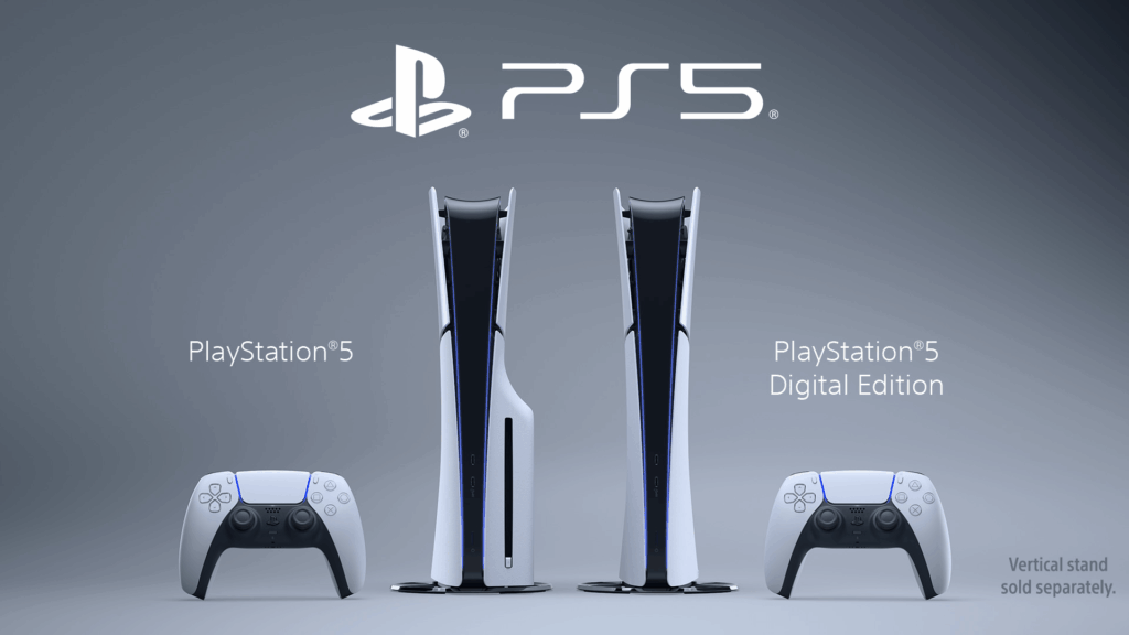 PlayStation 5 Slim disc and Digital Edition consoles shown side by side