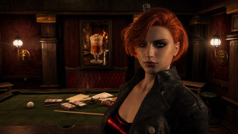 AI-enhanced realistic portrait of vampire Lilly inside the Reawakened billiards club.