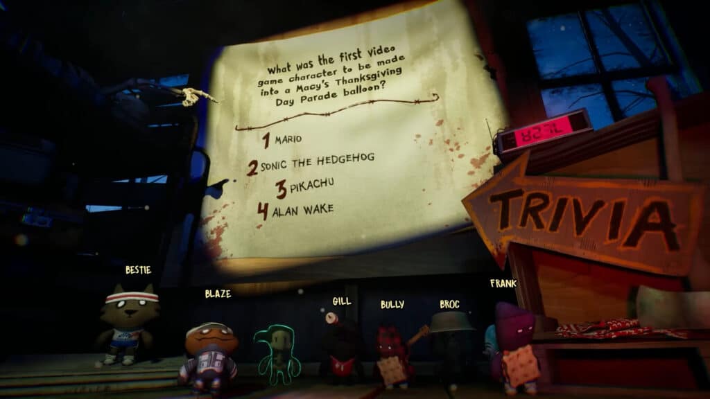 Player dolls facing a multiple-choice quiz in Trivia Murder Party 3