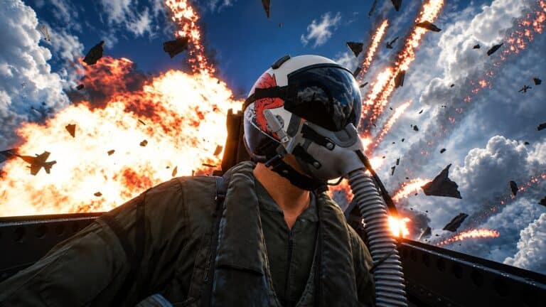 Ace Combat 8 pilot in a cockpit as aircraft and debris fill a fiery sky