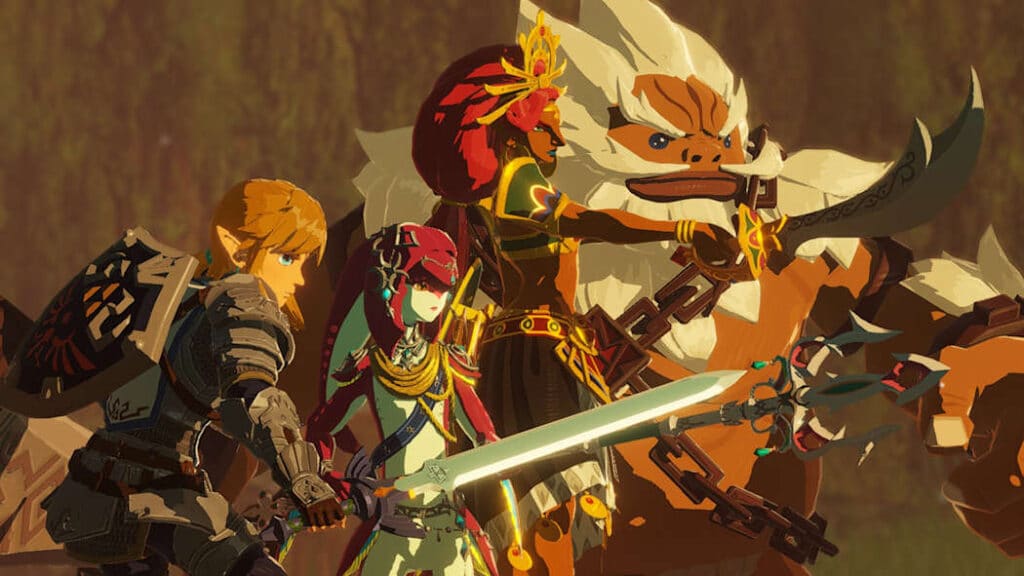 Link and the Champions stand together in Hyrule Warriors Age of Calamity Definitive Edition.