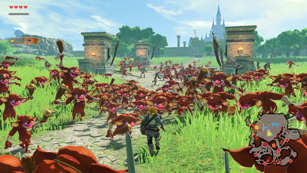 Link faces a huge crowd of enemies in Hyrule Warriors Age of Calamity Definitive Edition.
