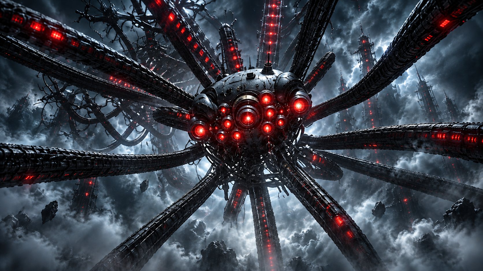 A vast red-eyed AI machine looming through storm clouds