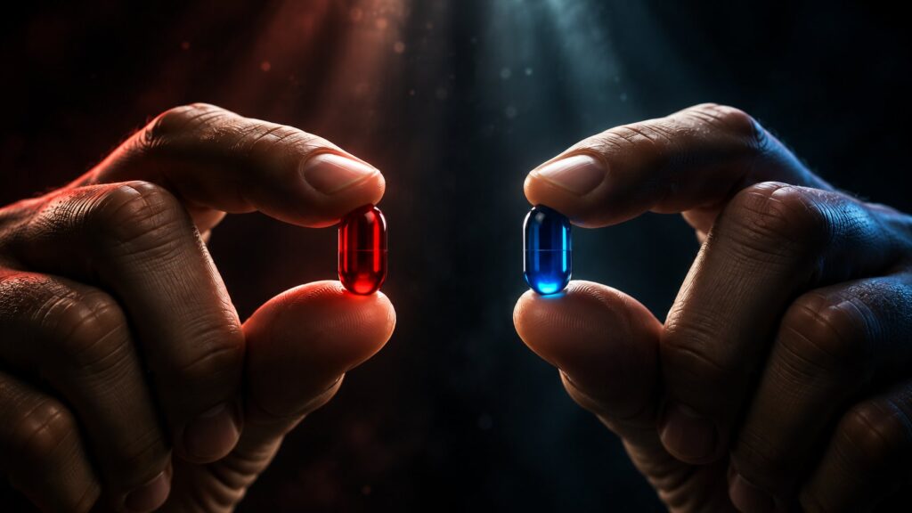 Hands holding a red pill and a blue pill under contrasting light