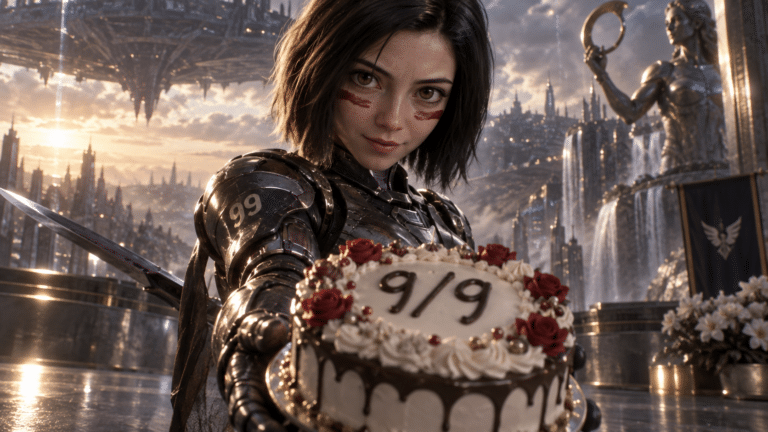 Alita wearing number 99 armour and holding a cake marked 9/9 in a celebratory illustration