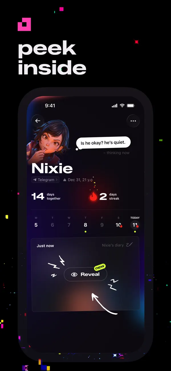 Animates Nixie profile with Telegram connection and days-together timeline