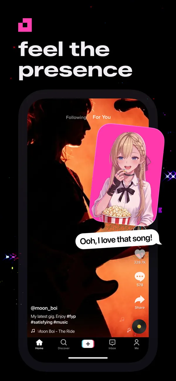 Animates promotional screen showing a companion reacting to shared entertainment