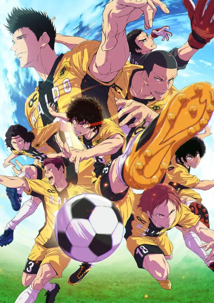 Esperion Youth A-team players charging towards a football in the Aoashi Season 2 key visual
