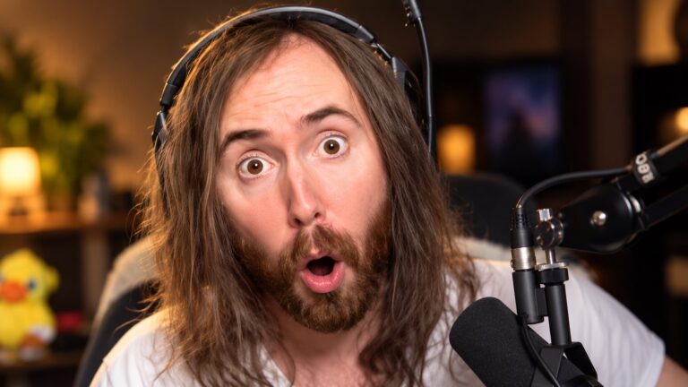Illustrative portrait of Asmongold wearing a headset at a microphone