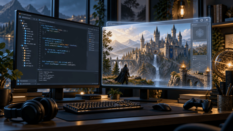 Editorial illustration of an AI-assisted developer workstation displaying a fantasy game inside a three-dimensional desktop window