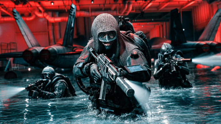 Hooded Battlefield soldier leads a squad through a flooded aircraft hangar