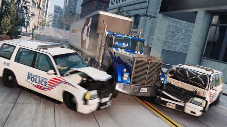 BeamNG.drive truck colliding with two police cars