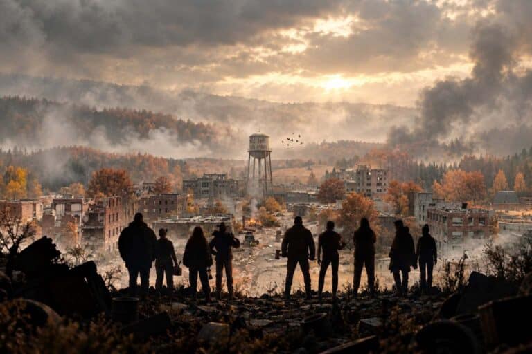 Survivors overlooking the ruined town in Binge reality series Apocalypse