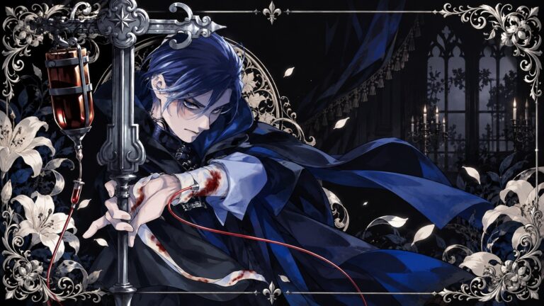 Ciel Phantomhive holds an ornate medical stand in a gothic Black Butler scene