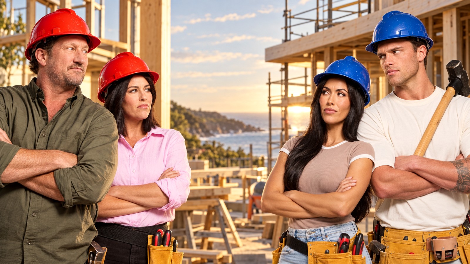 Two renovation teams face each other across a coastal building site