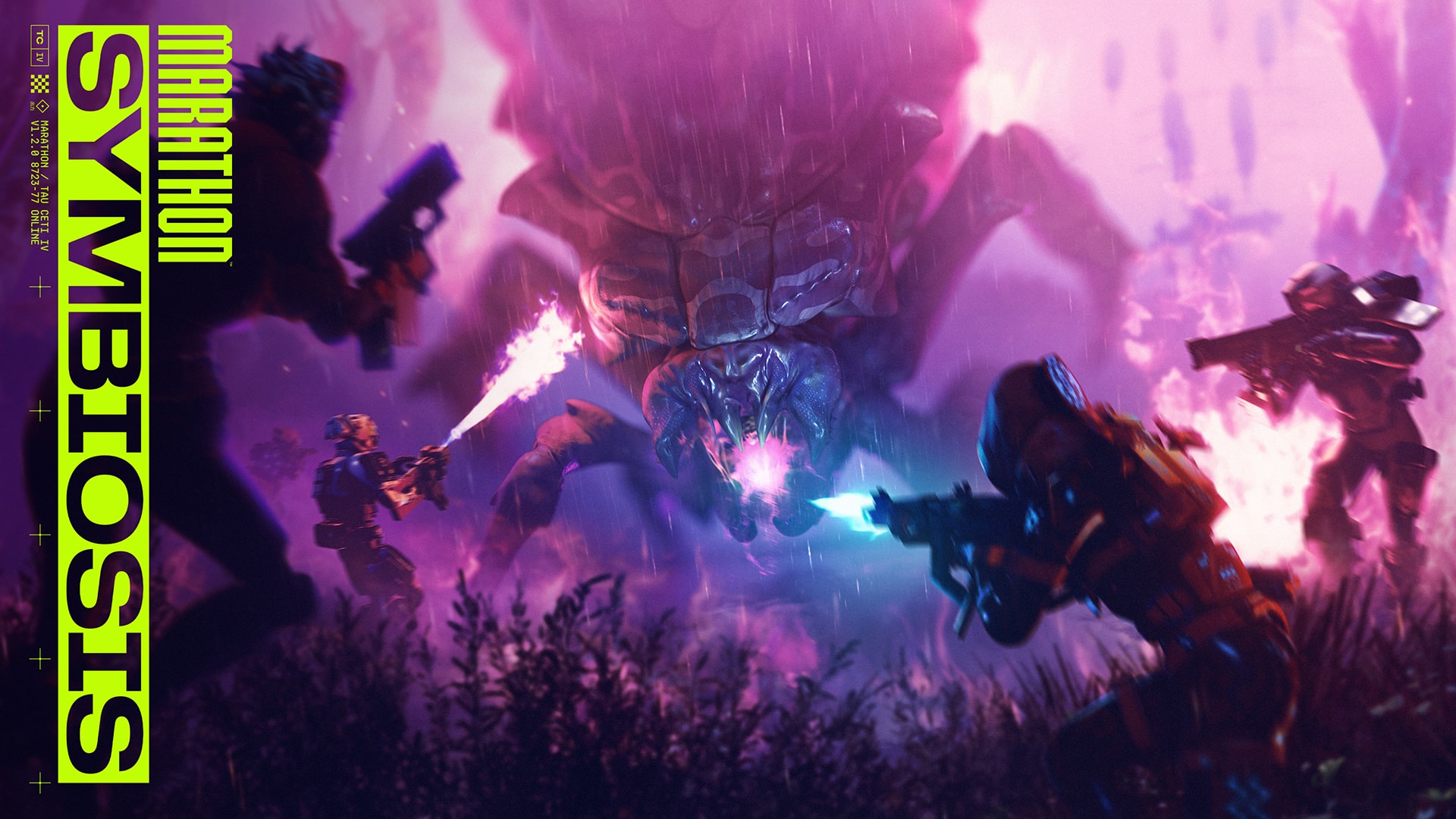 Marathon Symbiosis key art showing Runners fighting an alien creature