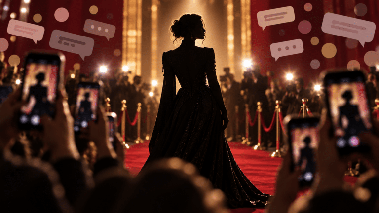 Editorial illustration of an anonymous performer facing cameras and social-media comments on a red carpet