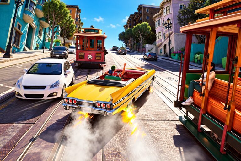 Yellow Crazy Taxi convertible racing between cable cars in a bright city street
