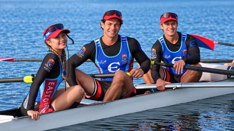 Teagan sits between two Easton Prep rowers in a shell on the water in Crew Girl