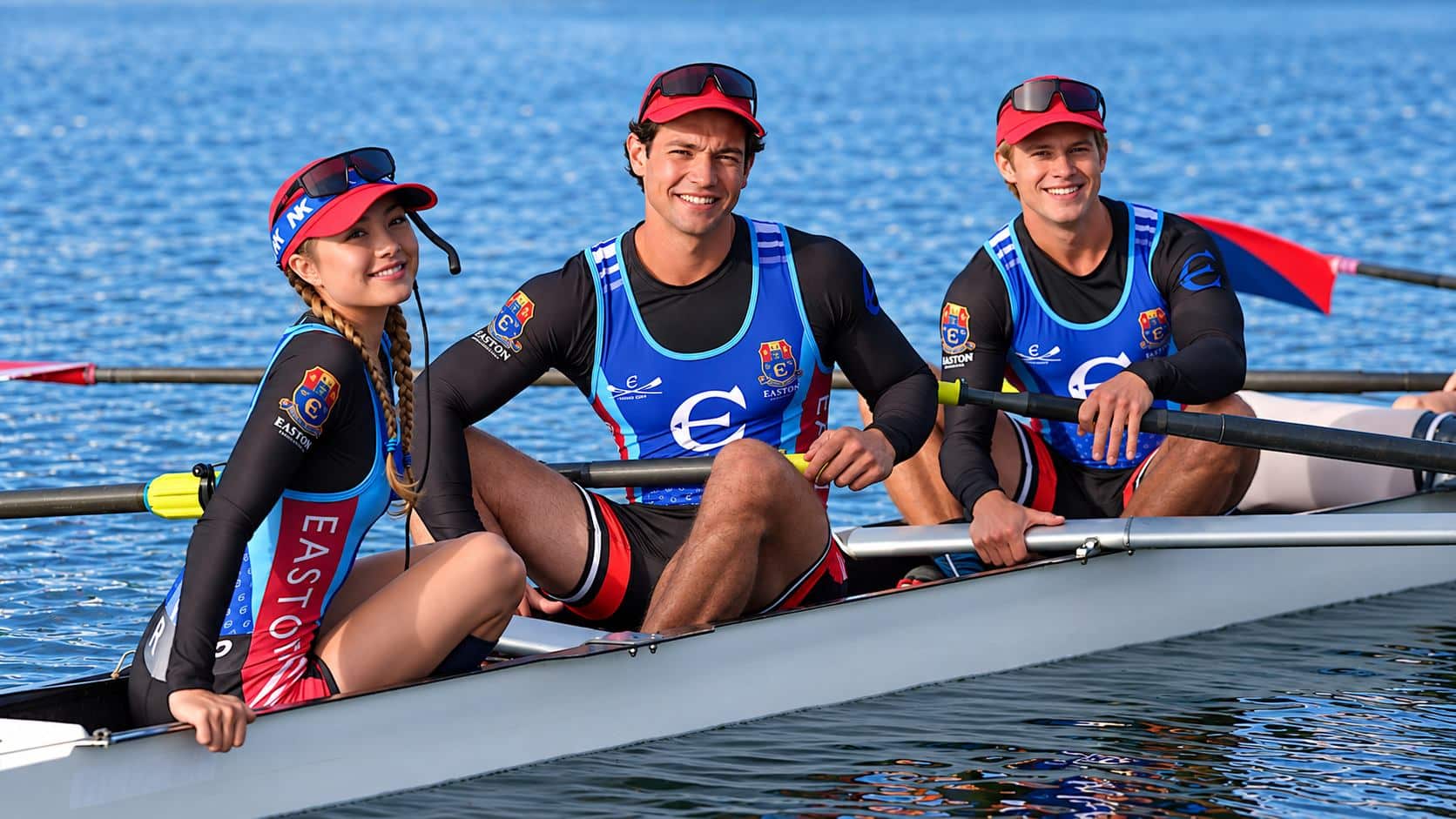 Teagan sits between two Easton Prep rowers in a shell on the water in Crew Girl