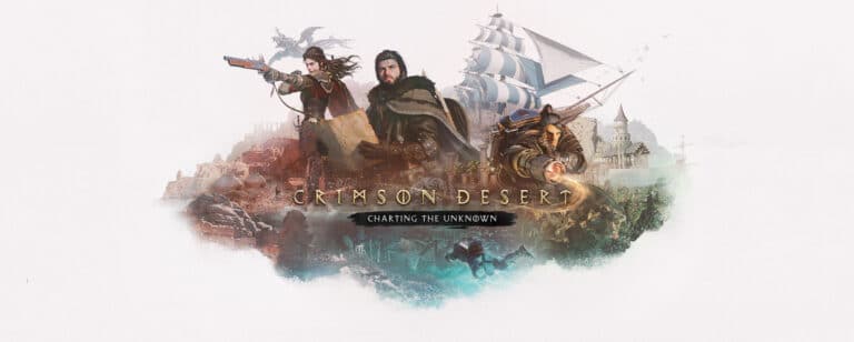 Crimson Desert Charting the Unknown key art with Kliff, Damiane, Oongka and a sailing ship