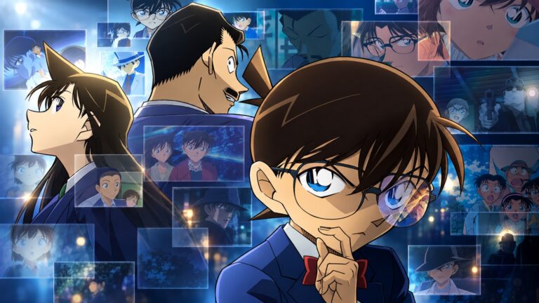 Conan Edogawa investigates while Ran Mori, Kogoro Mori and scenes from Detective Conan surround him