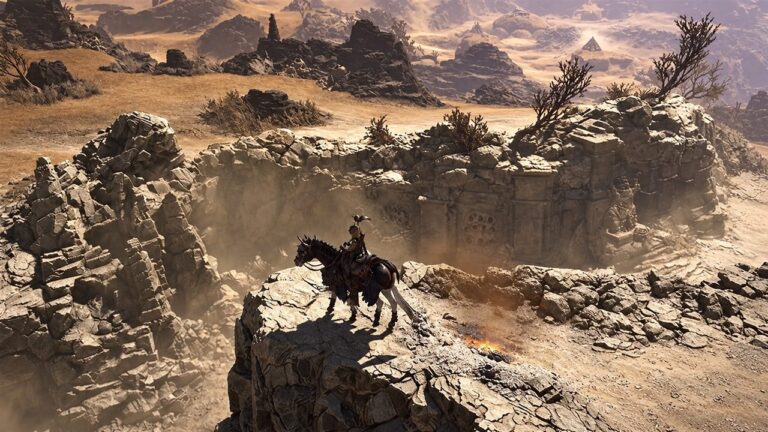 Diablo IV player character on horseback overlooking a rocky desert landscape.