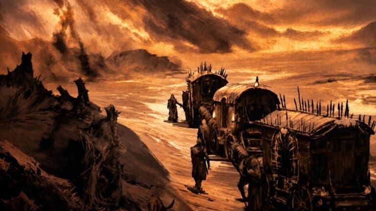 Survivors and a caravan cross a ruined Sanctuary in official Diablo V concept art