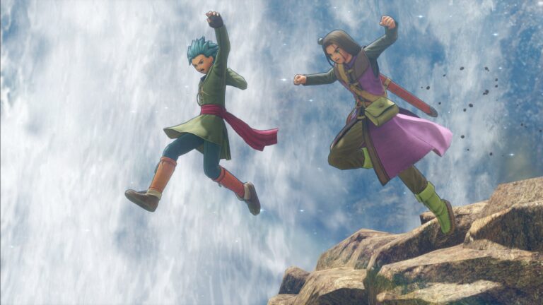 The Luminary and Erik leap beside a waterfall in Dragon Quest XI S