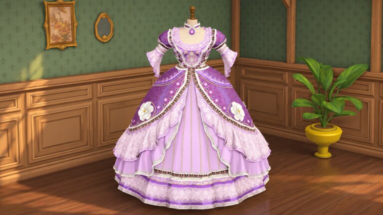 An ornate purple gown displayed on a mannequin inside the Dressmaker game