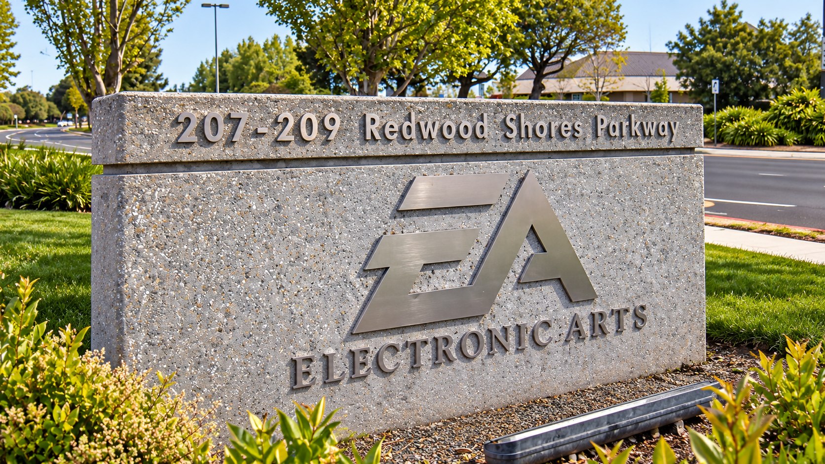 Electronic Arts headquarters sign outside the company’s Redwood City complex.