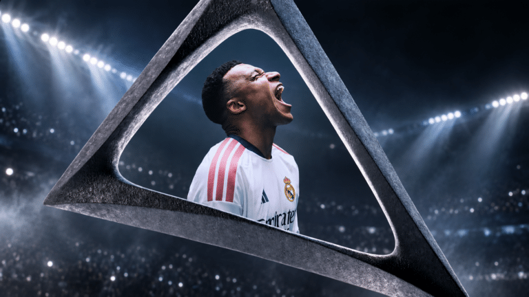 A footballer celebrates beneath a triangular frame in the EA Sports FC 27 soundtrack artwork