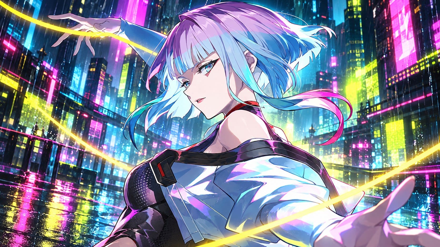 AI-assisted editorial illustration of Lucy in a neon-lit cyberpunk city