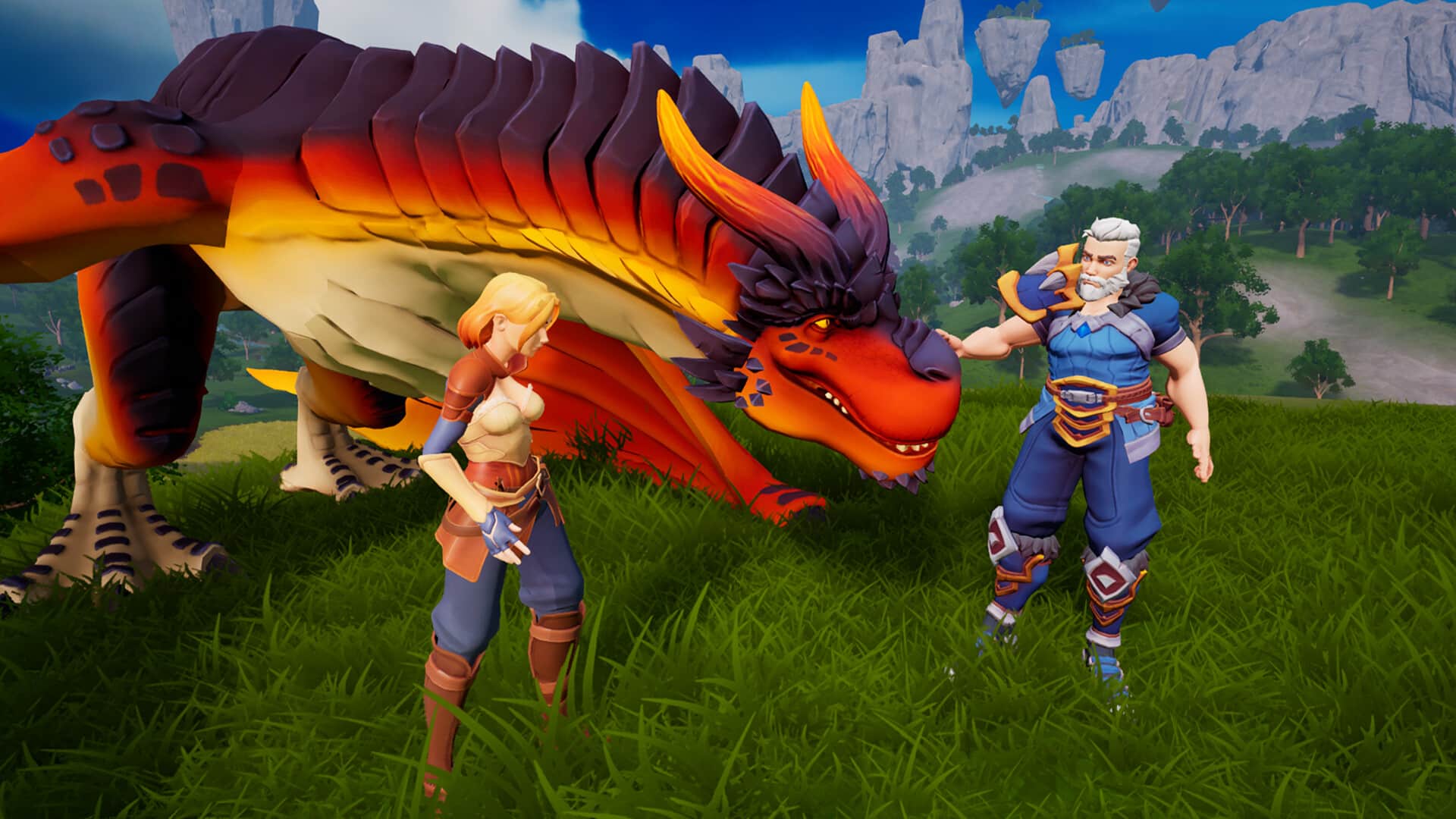 Eldrem Kingdoms dragon beside two adventurers on a grassy island