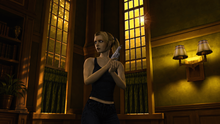 Alexandra Roivas holding a phone inside the Roivas family mansion in Eternal Darkness