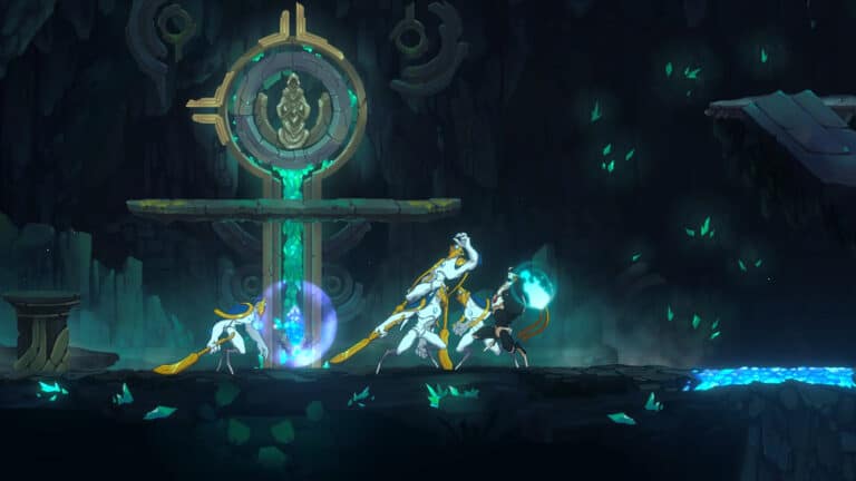 Hira fights armoured enemies in a glowing cavern in Fallen Tear: The Ascension