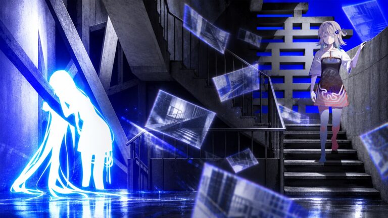 Two Faraday Blues characters divided by glowing fractured memories in a concrete stairwell