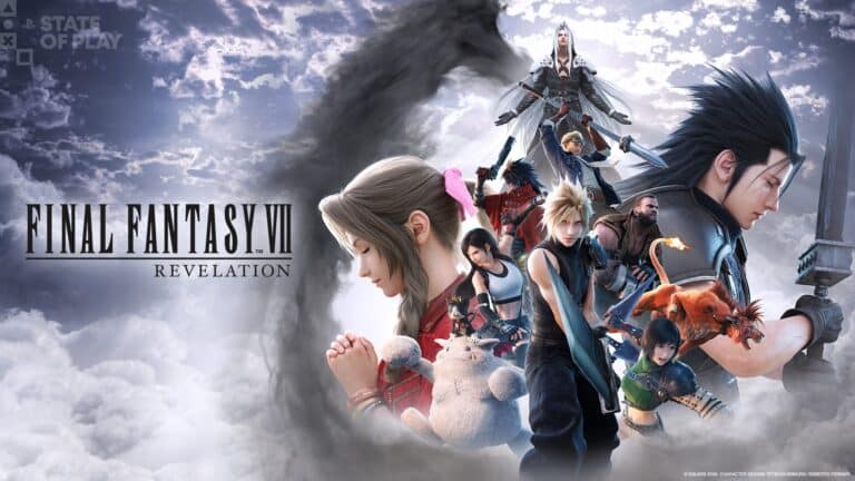 Cloud and the Final Fantasy VII party beneath Sephiroth in Revelation key art