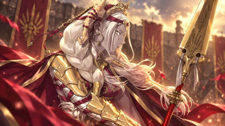 Theodora in gold and crimson armour, holding her spear against a warm arena backdrop