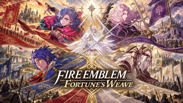 The four Fire Emblem Fortune’s Weave heroes arranged across converging fantasy battle paths
