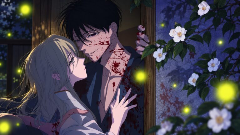 Shinpei Goto, blood-spattered, leans over Satoko Kirigaya as fireflies glow around them in Firefly Wedding