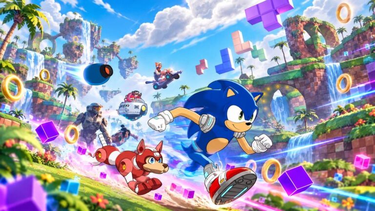 Sonic races through a colourful Fortnite Override landscape with rings and glitch blocks