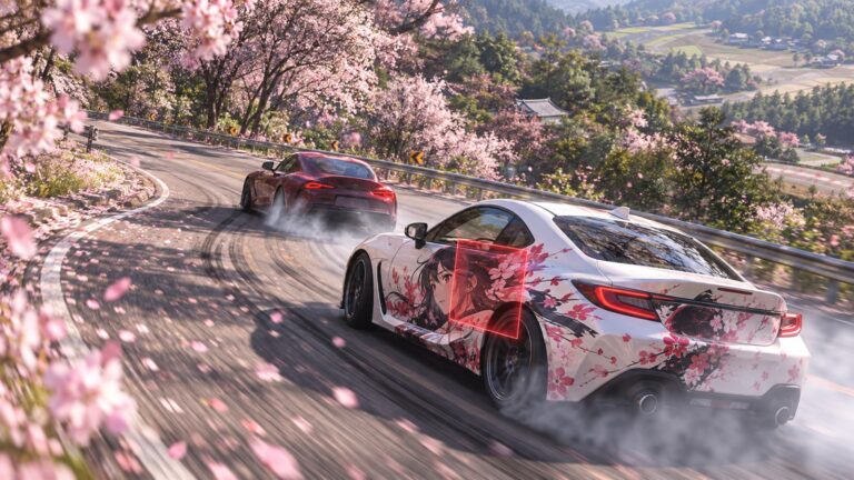 Forza Horizon 6 itasha car drifting through cherry blossoms under a red moderation scan, a POPTOPIC editorial illustration